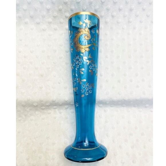 Antique Turquoise French Enamel Glass Vase, Hand Painted Floral, Gold Gilt 1900s - Picture 1 of 7